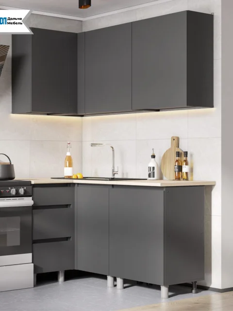 Кухонный гарнитур угловой Денвер 160х100 см, модульная кухня без столешницы, цвет графит серый